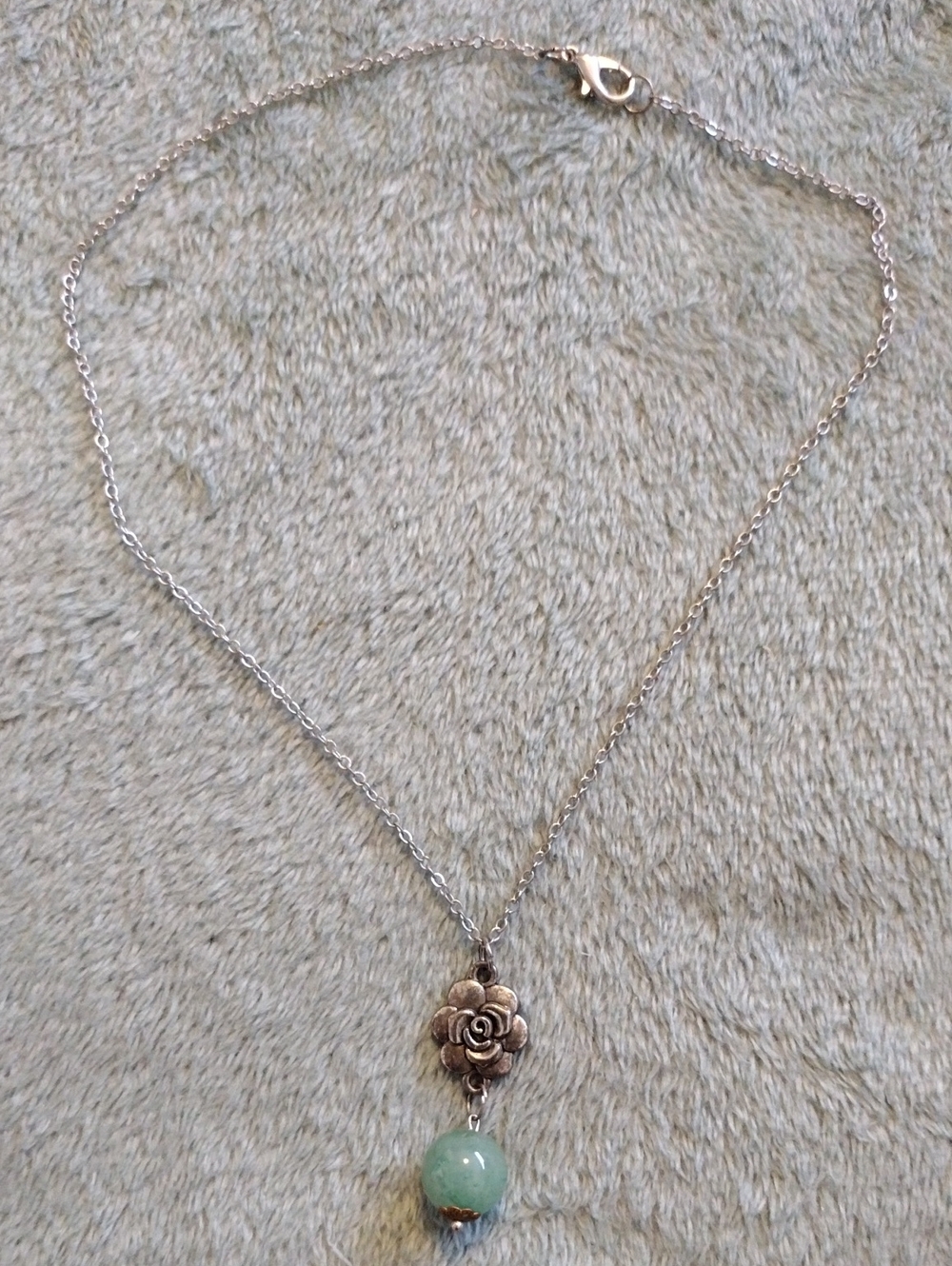 3/$15 - Silver Rose Pendant Necklace with Green Stone